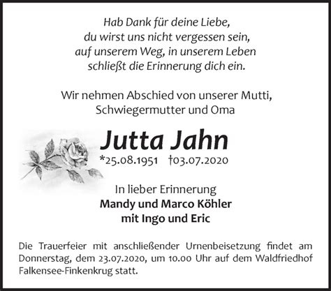 Traueranzeigen Von Jutta Jahn M Rkische Onlinezeitung Trauerportal