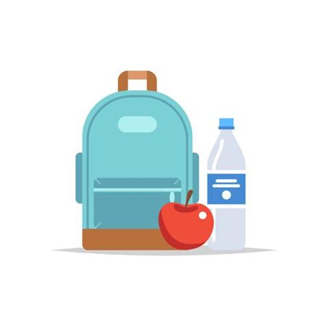 Lunchbox - backpack with a meal, water, and an apple. School meal, children's lunch. Vector ...