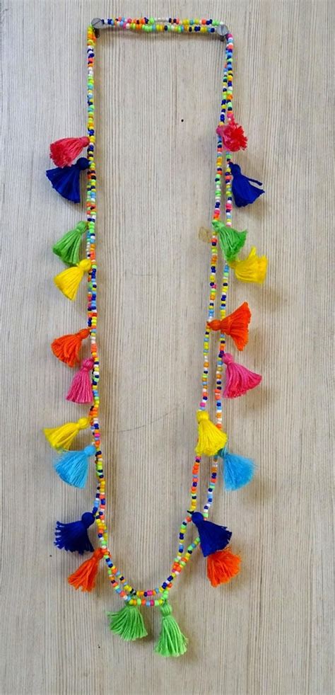 Bohemian Multi Tassels And Beaded Long Necklace Multi Colored Seed