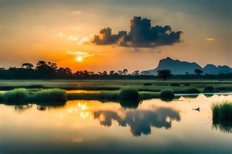 Un atardecer con una montaña al fondo Foto Premium