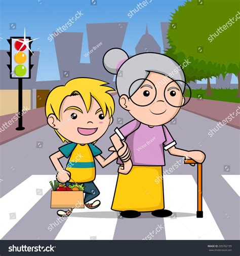 Boy Helping Old Lady Cross Street Stock Vector 205762195 Shutterstock