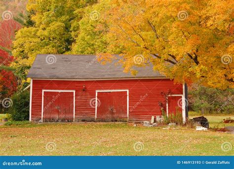 Red New England Barn In Autumn With Colorful Leaves Stock Image Image