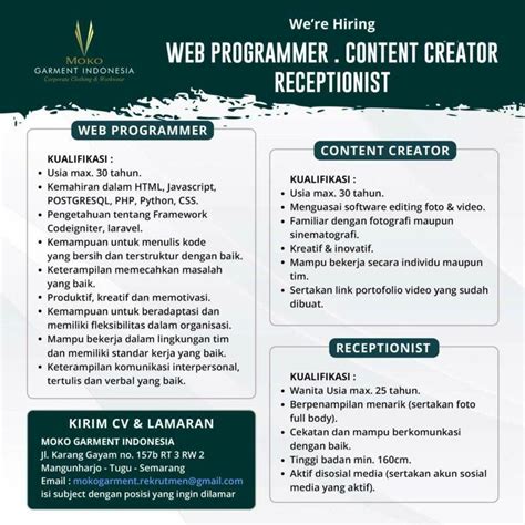 Lowongan Kerja Web Programmer Content Creator Receptionist Di Moko