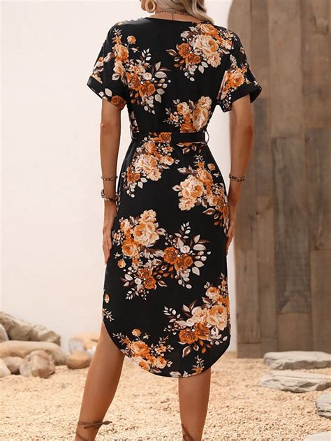 Floral Print Notched Neck Belted Dress Shein Usa