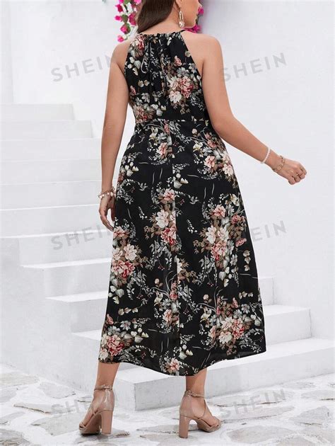 Shein Clasi Plus Floral Print Split Thigh Halter Dress Shein Usa