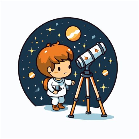 Niño mirando a través de un telescopio en el espacio ilustración