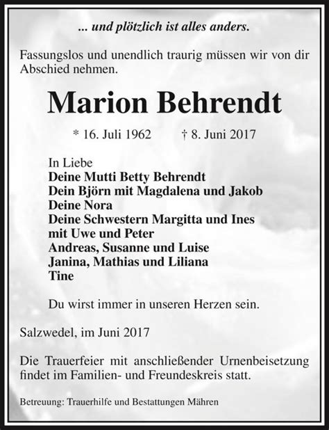 Traueranzeigen Von Marion Behrendt Abschied Nehmen De