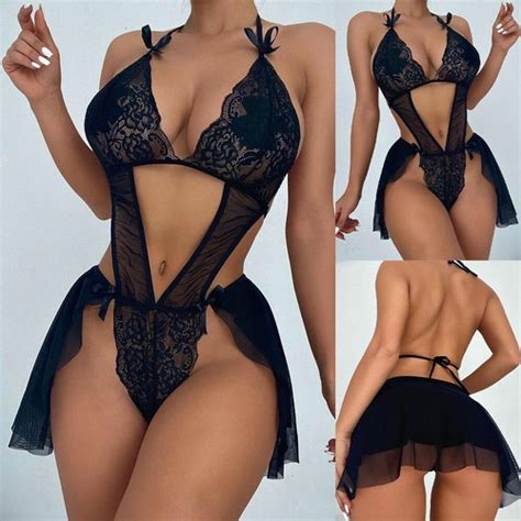 Women S Lace Hollow Out Bodysuit Babydoll Lingerie Nightwear Sleepwear Underwear Ebay