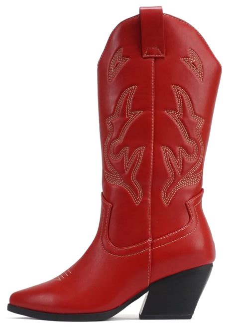 Soda Women Cowgirl Cowboy Western Stitched Heel Boots Pointy Toe Mid Shaft Orville S Red 7