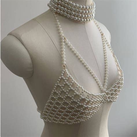 Sexy Womens Beaded Faux Flexible Artificial Pearl Bra Etsy Bead