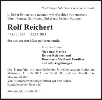 Traueranzeigen Von Rolf Reichert Trauerundgedenken De