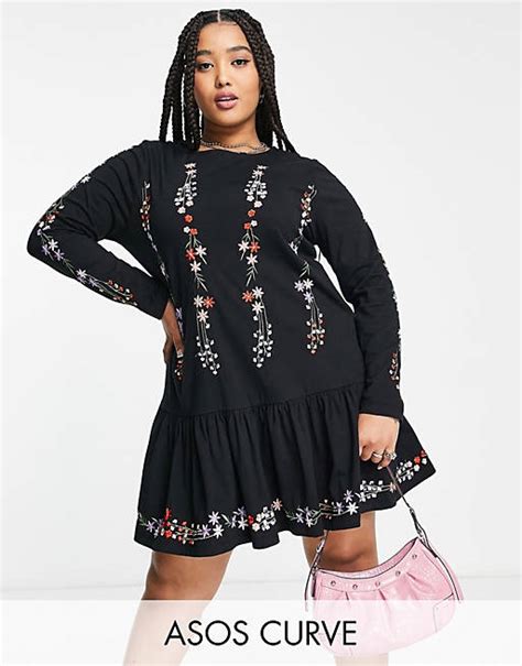 Asos Design Curve Long Sleeve Smock Dress With Pep Hem With Floral