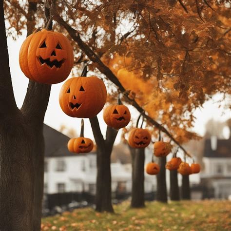 Premium AI Image Decorative Pumpkins Hanging From Trees Ai Generated