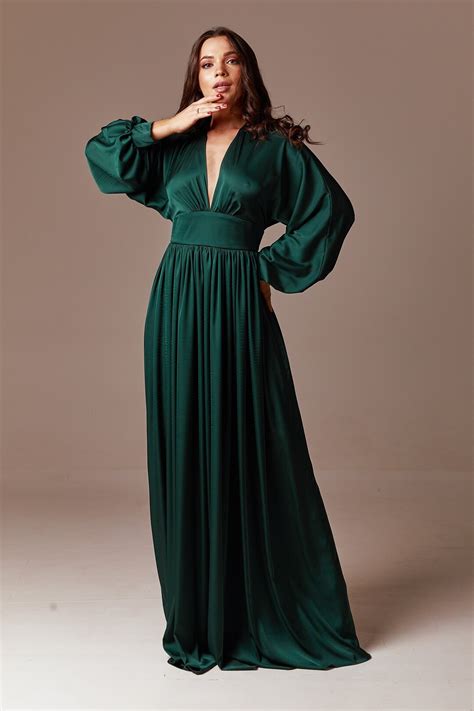 Dark Emerald Green Silk Maxi Dress Bridesmaid Dress Open Back Long Sleeve Silk Long Dress V