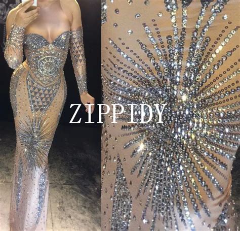 Super Sparkly Rhinestone Long Dress Sexy Silver Glisten Crystals Costume Evening Birthday