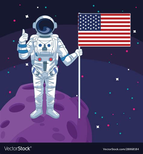 Astronaut Holding American Flag In Moon Space Vector Image