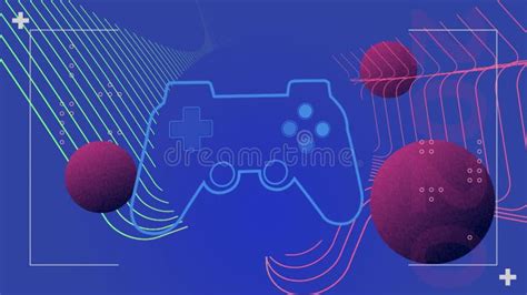 Animation Of Game Pad And Purple Spheres On Blue Digital Screen Stock