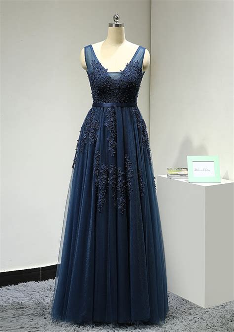 Sexy Backless Dark Navy Evening Dresses V Neck Lace Appliques Tulle