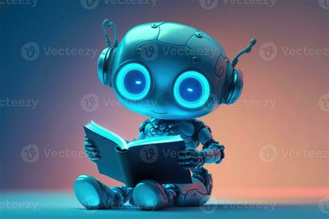 Cute Surprised Robot Child After Reading In A Book On Blue Background