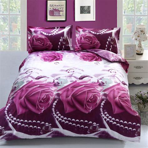 Elegant Pearl Rose 3d Printed Duvet Cover 4pcs Bedding Set Purple