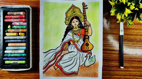 Saraswati Thakur Drawing With Oil Pastel Maa Sarswati Drawing Easy