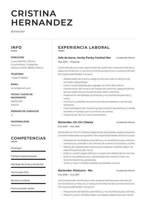 Ejemplo De Cv Para Bartender Ejemplos De Cv Curr Culum Cv Profesional