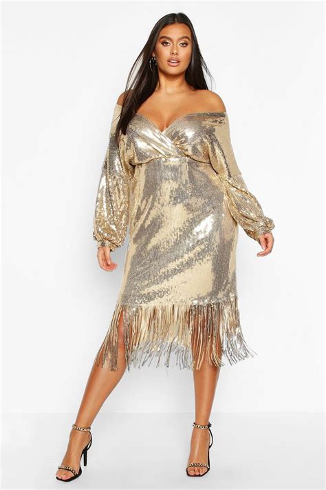 Plus Sequin Off The Shoulder Wrap Midi Dress Boohoo Midi Dress