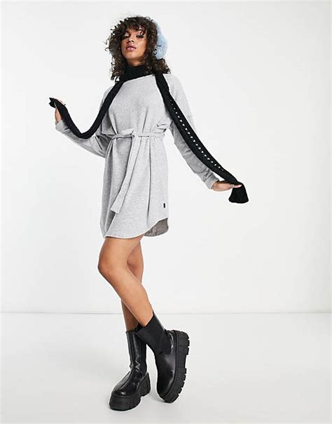 Noisy May Tie Waist High Neck Knitted Mini Dress In Light Grey Asos