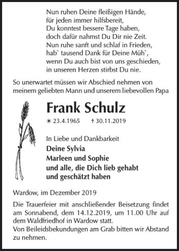 Traueranzeigen Von Frank Schulz Trauer Nordkurier