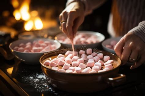 Person Stirring A Pot Of Hot Cocoa With Marshmallows Stock Photography Concepts Stock