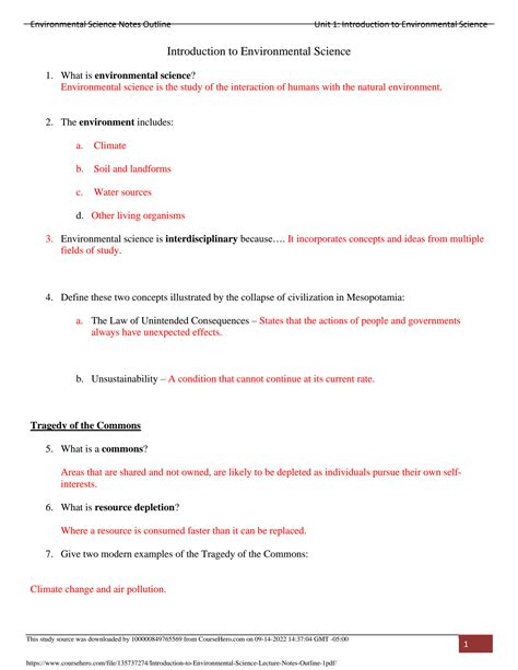 SOLUTION Introduction To Environmental Science Lecture Notes Outline 1