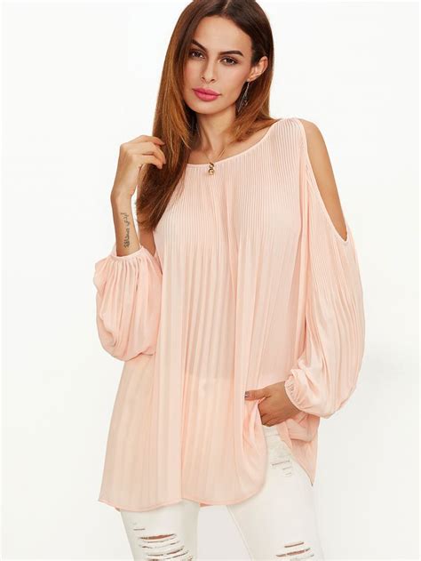 Blusa Plisada De Manga Farol Con Hombros Al Aire Rosa Spanish Shein