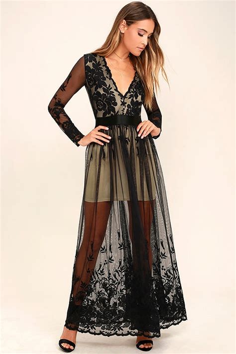 Sexy Black Dress Maxi Dress Embroidered Dress Long Sleeve Dress Lulus