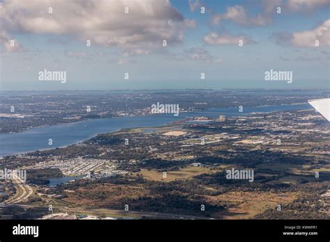 Aerial view of city Bradenton, Florida. Approach to land at the airport ...