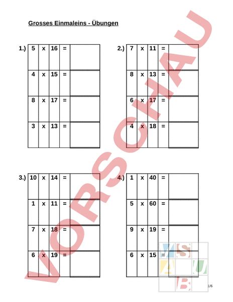 Arbeitsblatt Grosses Einmaleins Übungen Mathematik Multiplikation