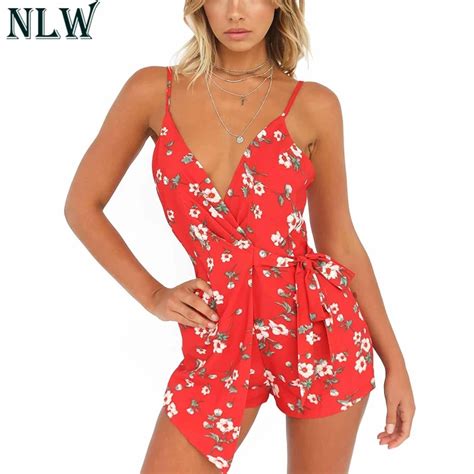 NLW Red Floral Print Romper Summer Wrap Overalls Short Jumpsuit Women