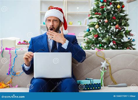 The Businessman Working At Home During Christmas Stock Image Image Of