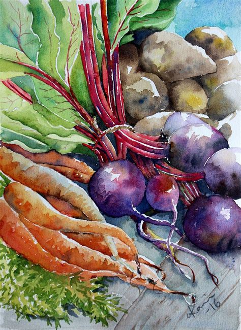 A Watercolor Painting Of Carrots Radishes And Lettuce