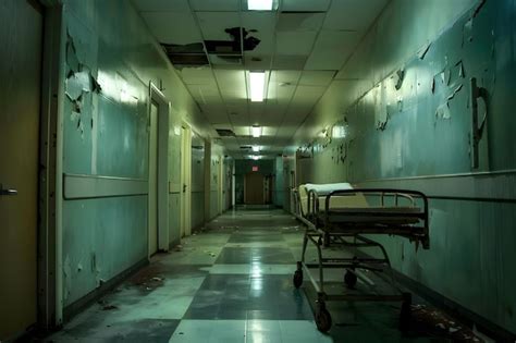 Eerie Abandoned Hospital Hallway With Flickering Lights And Disquieting