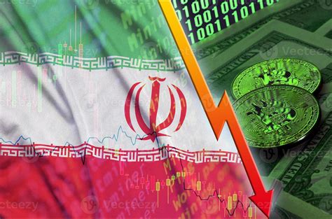 Iran Flag And Cryptocurrency Falling Trend With Two Bitcoins On Dollar