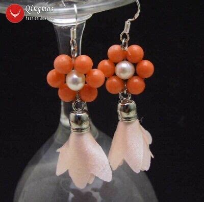 20mm Flower Pink Coral Earring For Women Pink Silk Flower Tassel Dangle