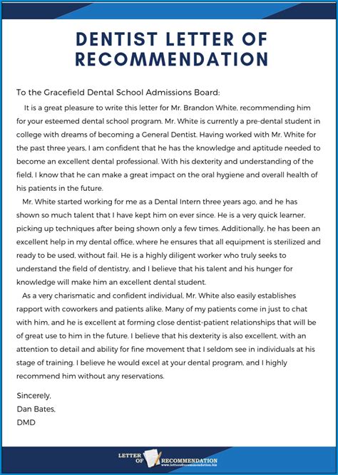 Letter Of Recommendation Dental School Sample Templateral