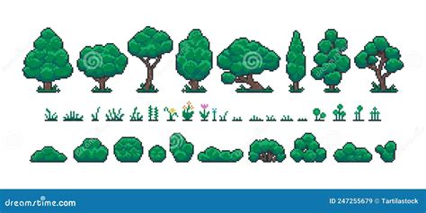 Pixel Forest Set Retro 8 Bit Video Game Ui Elements Trees Bushes And Grass Sprite Asset