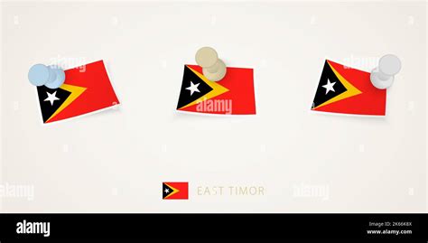 Pinned Flag Of East Timor In Different Shapes With Twisted Corners Vector Pushpins Top View