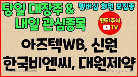 주식 대장주and 내일 관심종목아즈텍wb신원한국비엔씨카카오뱅크대원제약 Youtube