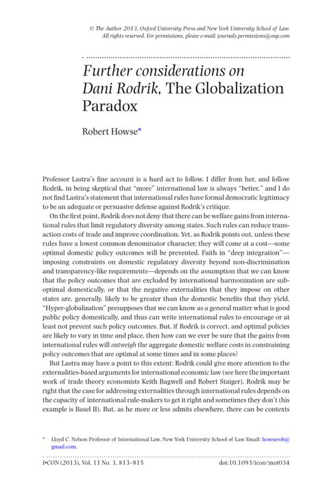 Pdf Further Considerations On Dani Rodrik The Globalization Paradox