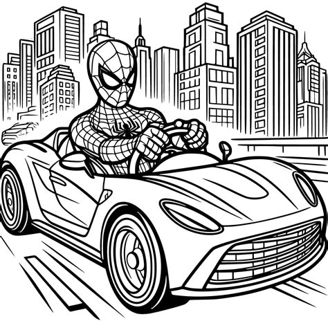 Dibujos de Hombre Araña Conduciendo un Coche para Colorear para