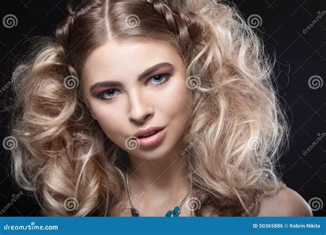 Beautiful Blonde Girl With Evening Make Up And Unusual Hairstyle With Braids Beauty Face Stock