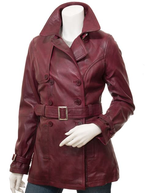 Womens Burgundy Leather Trench Coat Columbia Women Caine