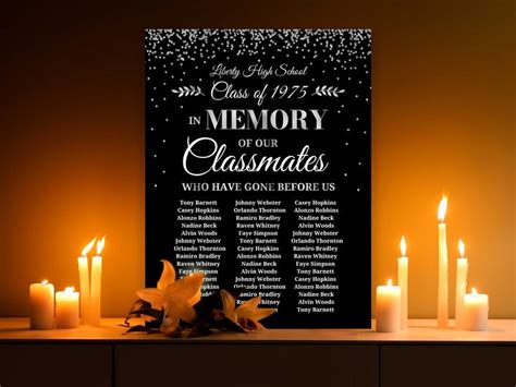 Reunion Memorial Board Black And Silver In Memory Of Classmates Sign